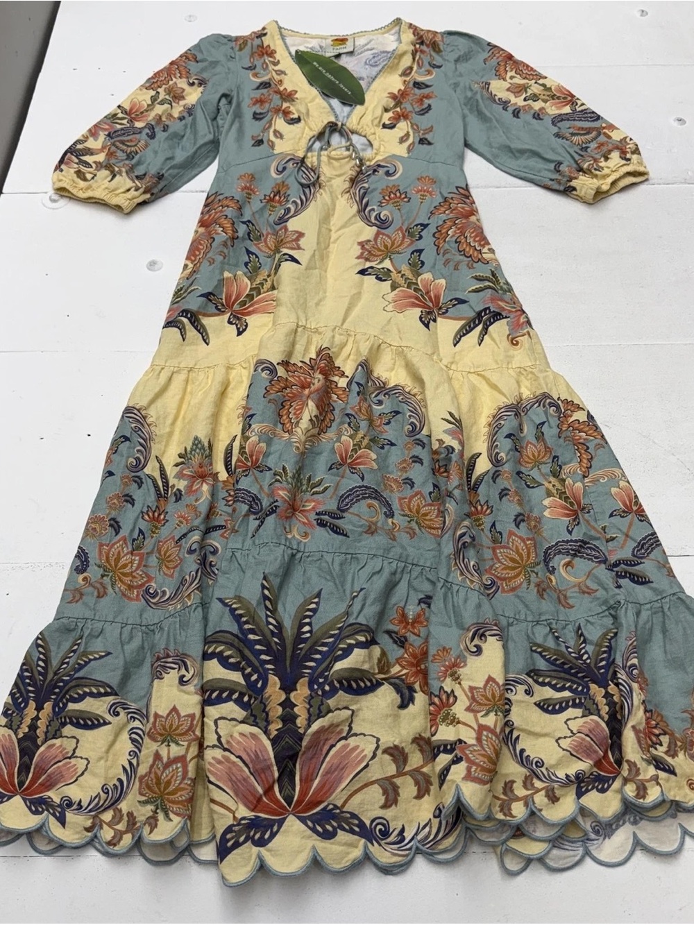 FARM Rio Sage, Cream & Orange Tiered Floral Midi Dress